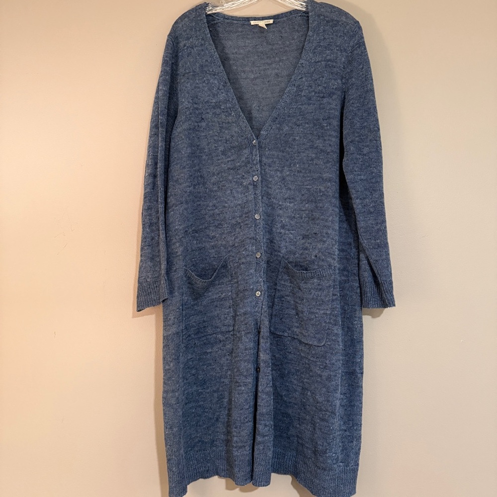 Eileen Fisher large Organic Linen Long Blue Duster Cardigan